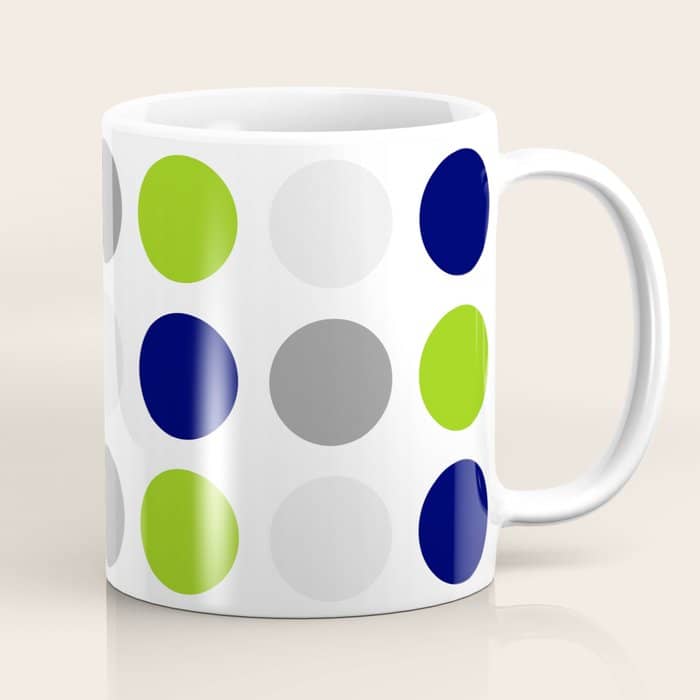 Lime Green, Bright Navy Blue, And Gray Multi Dots Minimalist Pattern On White Coffee Mug