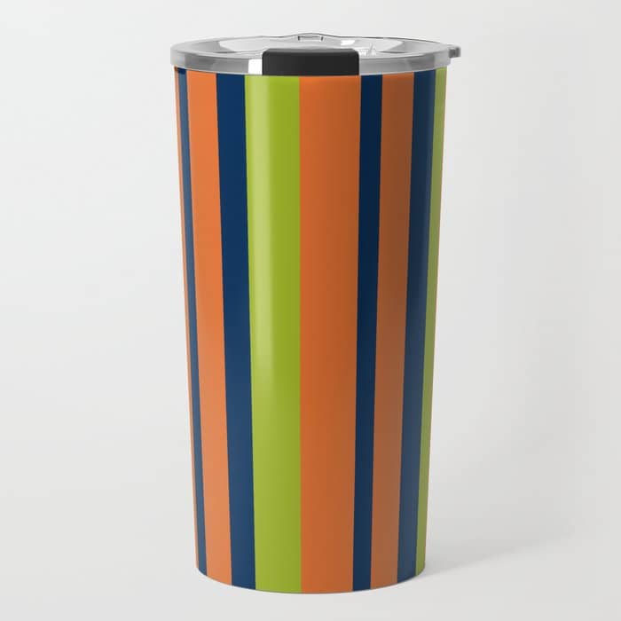 Vertical Retro Stripes In Navy Blue, Orange, And Lime Green Pattern Travel Mug