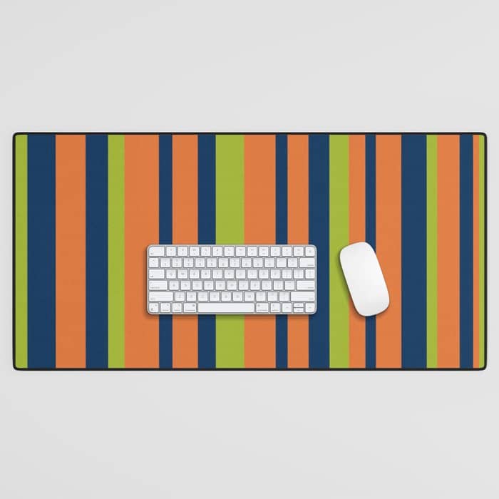 Vertical Retro Stripes In Navy Blue, Orange, And Lime Green Pattern Desk Mat