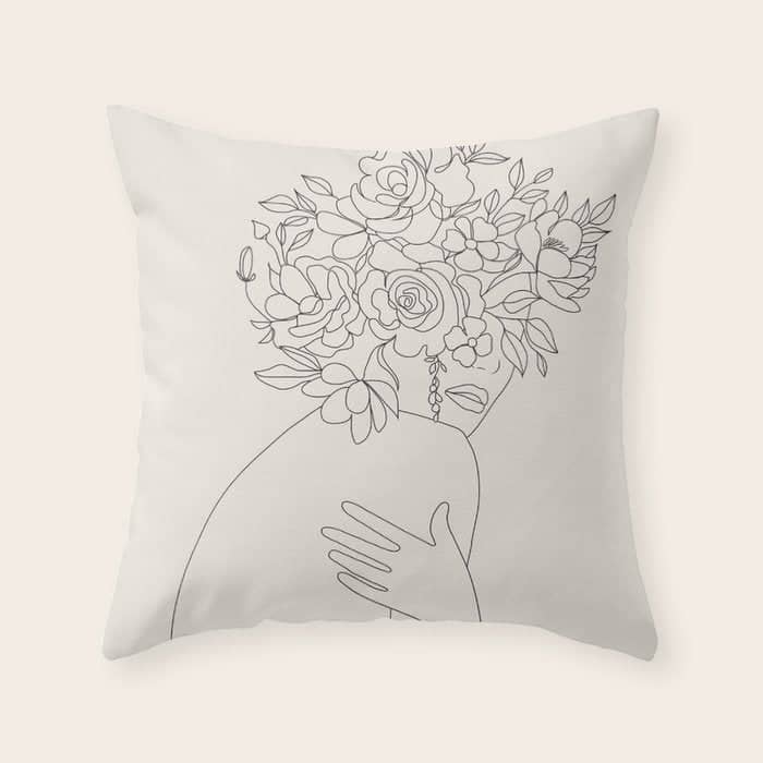 Woman With Flowers Minimal Line Iii Throw Pillow