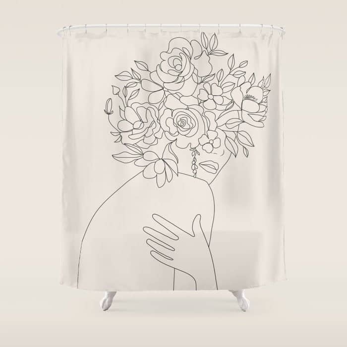 Woman With Flowers Minimal Line Iii Shower Curtain