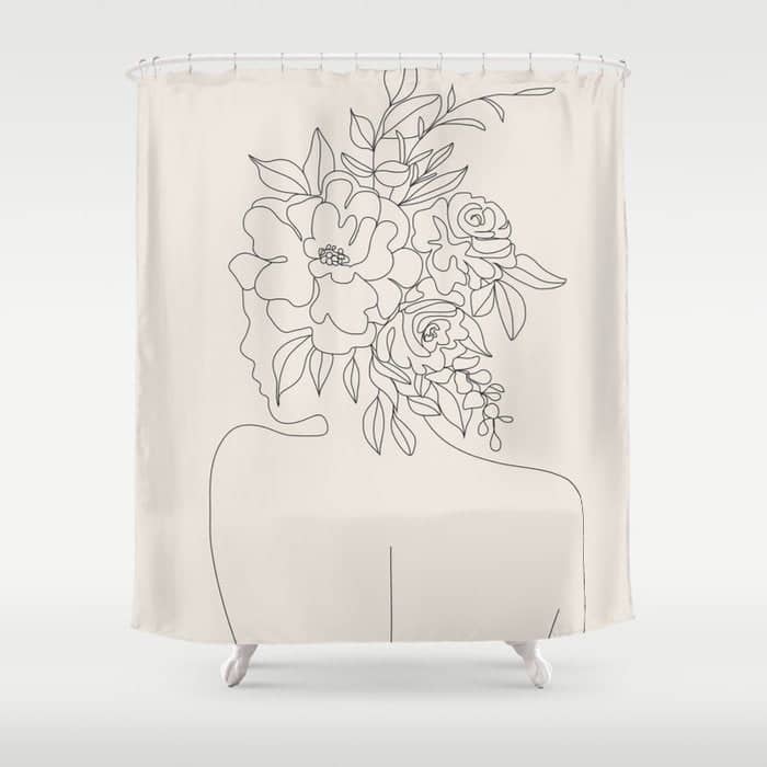 Woman With Flowers Minimal Line I Shower Curtain