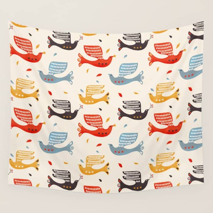 Festive Birds Retro Pattern Wall Tapestry