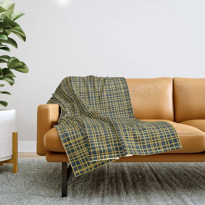 Fine Weave Retro Modern Mid-Century Pattern In Mustard Yellow And Navy Blue Throw Blanket