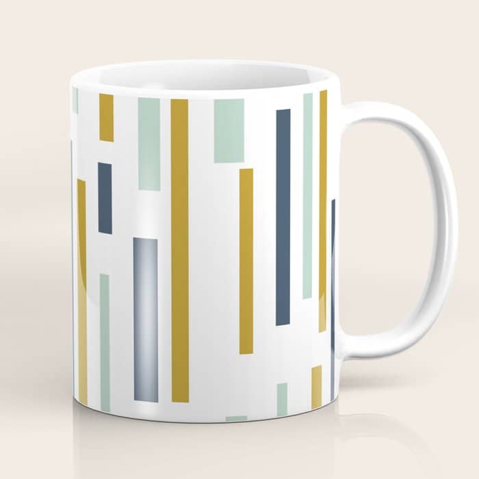 Interrupted Lines Mid-Century Modern Minimalist Pattern In Navy Blue, Teal Mint, Gold Mustard, White Coffee Mug