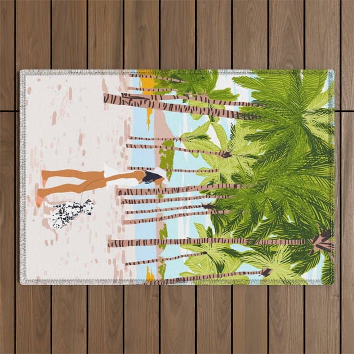 The Happy Spots, Dalmatian Dog Pets, Bohemian Woman Beach Tropical Palm Fashion Illustration Outdoor Rug