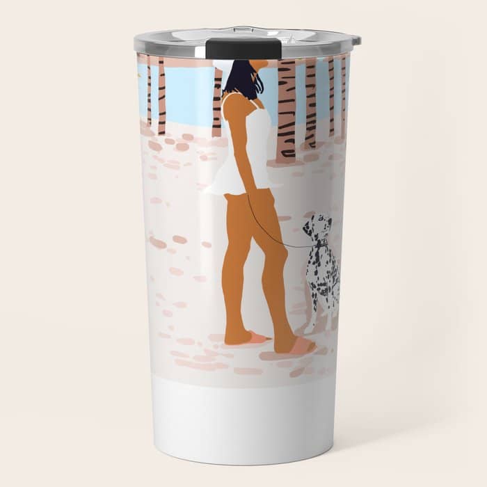The Happy Spots, Dalmatian Dog Pets, Bohemian Woman Beach Tropical Palm Fashion Illustration Travel Mug