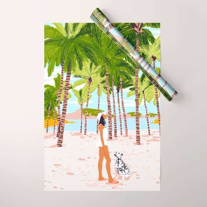 The Happy Spots, Dalmatian Dog Pets, Bohemian Woman Beach Tropical Palm Fashion Illustration Wrapping Paper