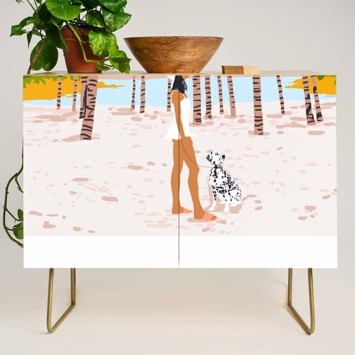 The Happy Spots, Dalmatian Dog Pets, Bohemian Woman Beach Tropical Palm Fashion Illustration Credenza