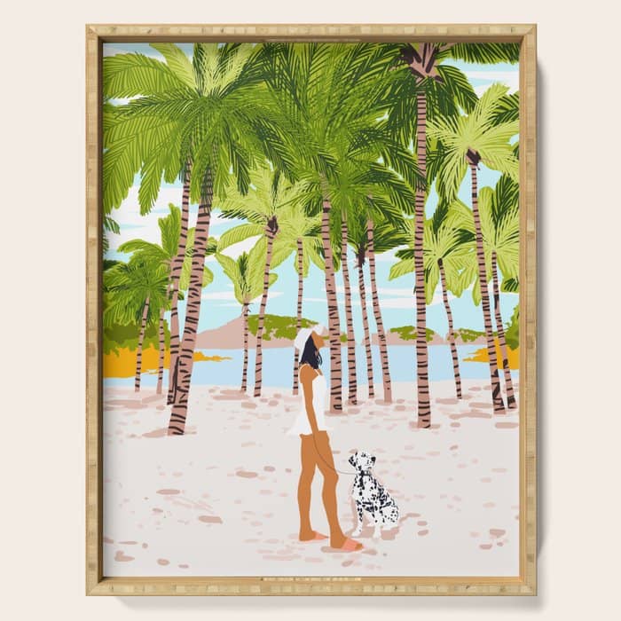 The Happy Spots, Dalmatian Dog Pets, Bohemian Woman Beach Tropical Palm Fashion Illustration Serving Tray