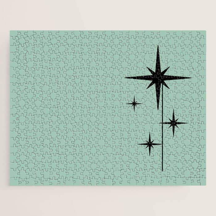 1950s Atomic Age Retro Starbursts In Aqua Mint And Black Jigsaw Puzzle