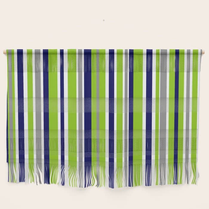 Lime Green Bright Navy Blue Gray And White Vertical Stripes Pattern Wall Hanging