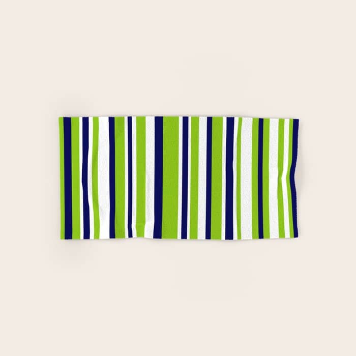 Lime Green Bright Navy Blue And White Vertical Stripes Pattern Bath Towel