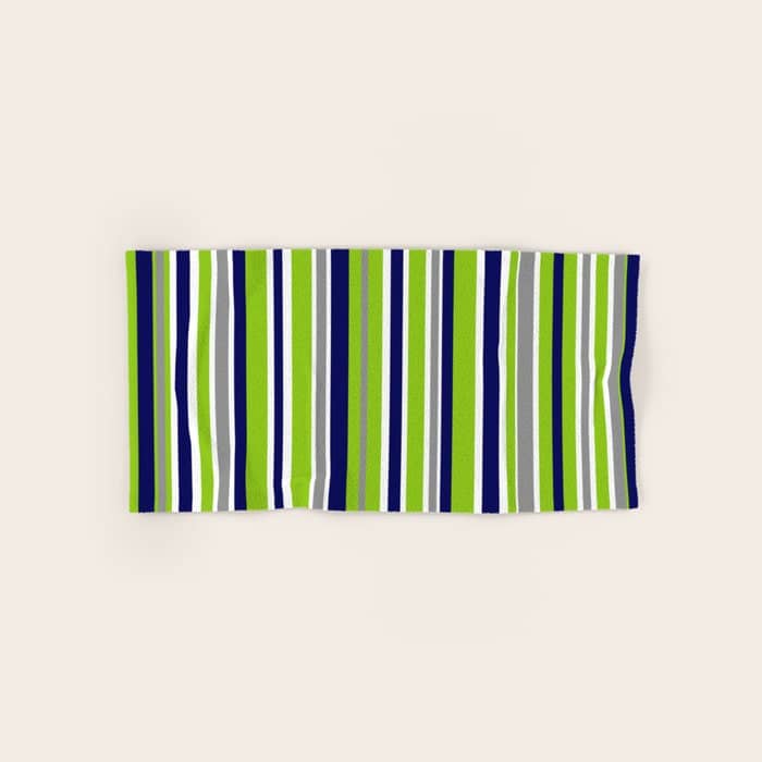 Lime Green Bright Navy Blue Gray And White Vertical Stripes Pattern Bath Towel