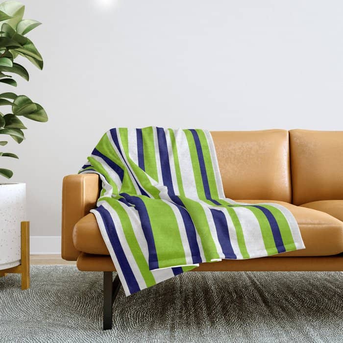 Lime Green Bright Navy Blue And White Vertical Stripes Pattern Throw Blanket