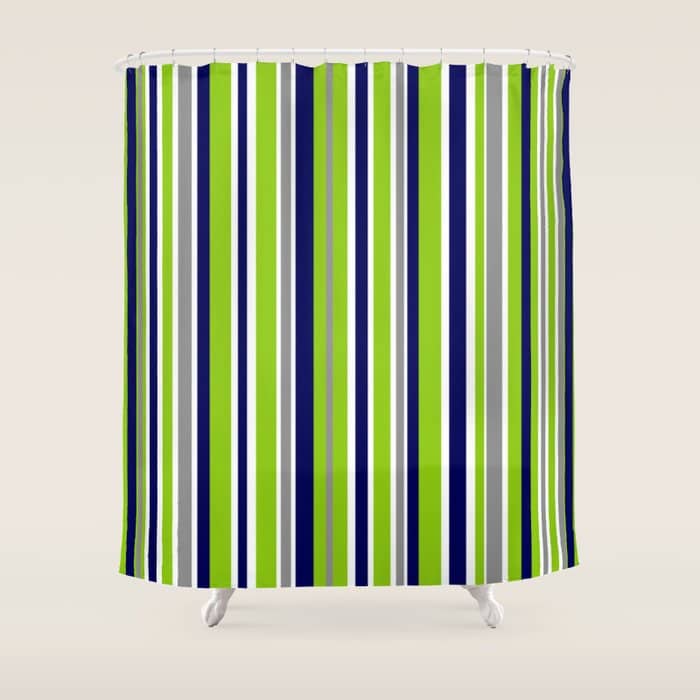 Lime Green Bright Navy Blue Gray And White Vertical Stripes Pattern Shower Curtain