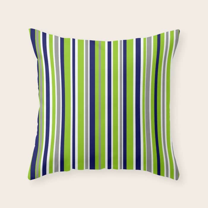 Lime Green Bright Navy Blue Gray And White Vertical Stripes Pattern Throw Pillow