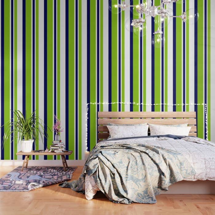 Lime Green Bright Navy Blue And White Vertical Stripes Pattern Wallpaper