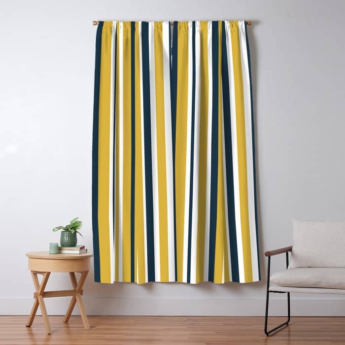 Vertical Stripes In Navy Blue, Mustard Yellow, And White Window Curtain
