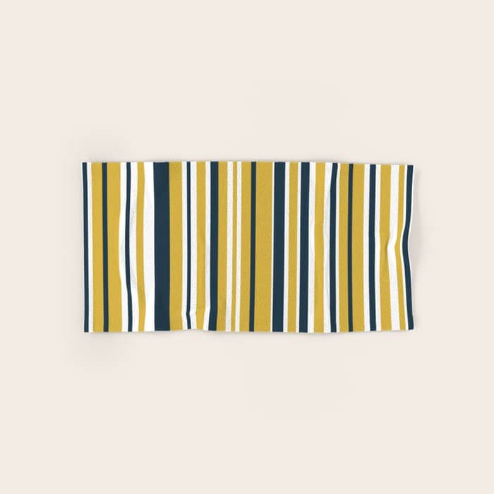 Vertical Stripes In Navy Blue, Mustard Yellow, And White Bath Towel