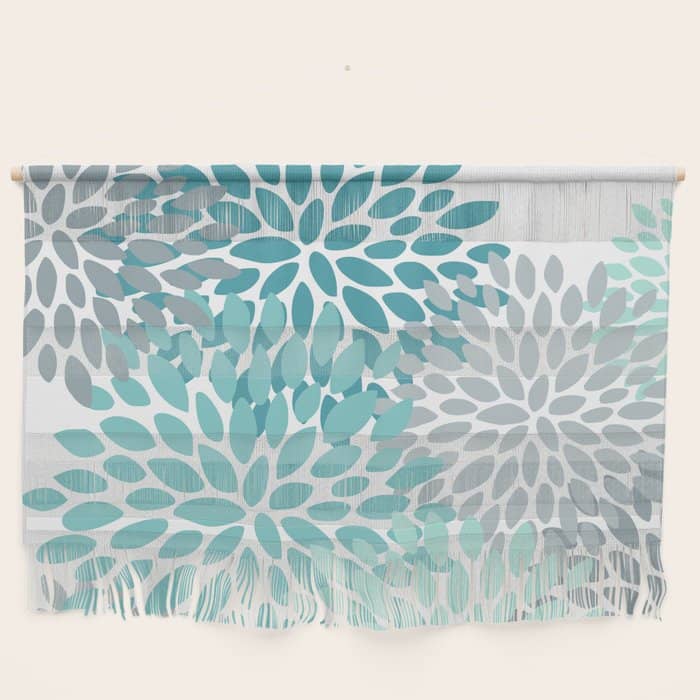 Floral Pattern, Aqua, Teal, Turquoise And Gray Wall Hanging