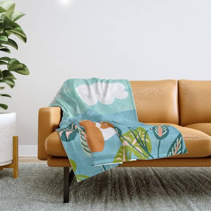 The Pursuit Of Happiness, Woman Ocean Travel Swim Illustration, Bohemian Fashion Tropical Throw Blanket