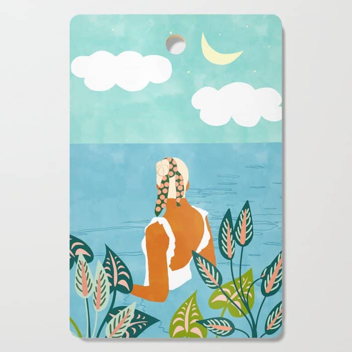 The Pursuit Of Happiness, Woman Ocean Travel Swim Illustration, Bohemian Fashion Tropical Cutting Board