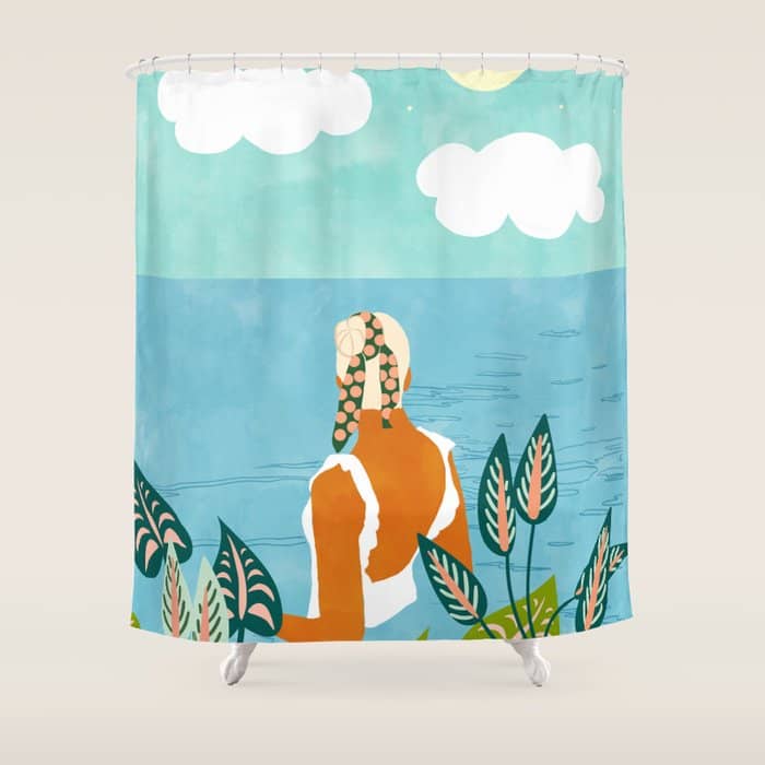 The Pursuit Of Happiness, Woman Ocean Travel Swim Illustration, Bohemian Fashion Tropical Shower Curtain