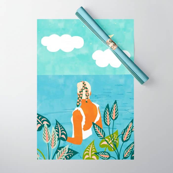 The Pursuit Of Happiness, Woman Ocean Travel Swim Illustration, Bohemian Fashion Tropical Wrapping Paper
