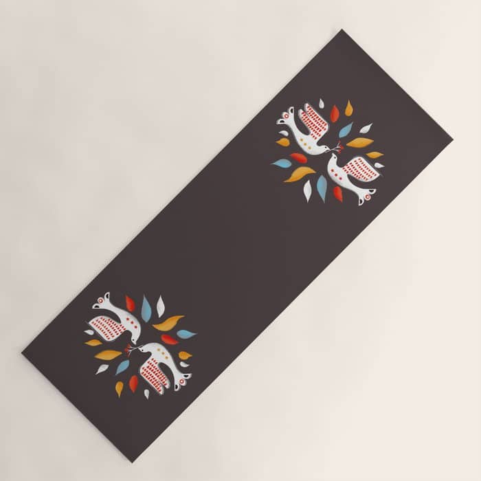Retro Christmas Birds Illustration Yoga Mat