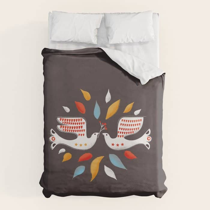 Retro Christmas Birds Illustration Duvet Cover