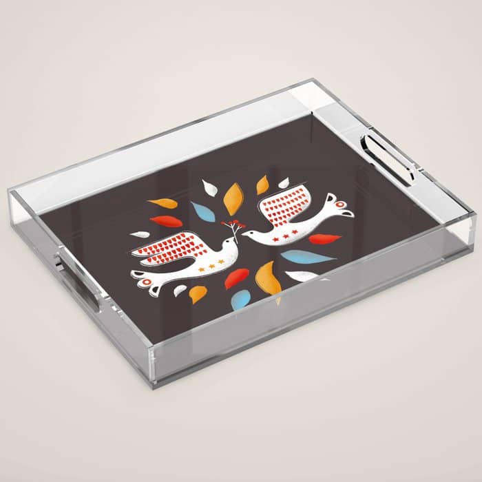 Retro Christmas Birds Illustration Acrylic Tray