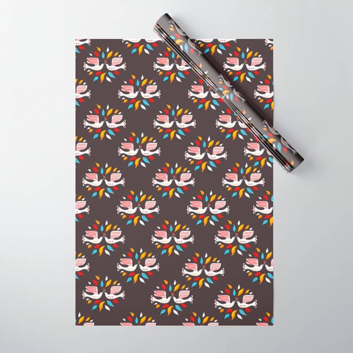 Retro Christmas Birds Illustration Wrapping Paper