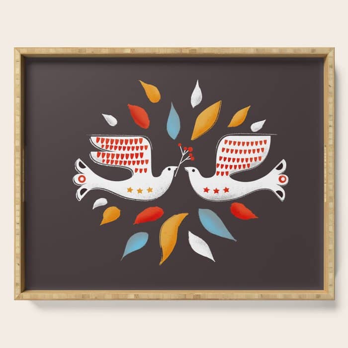 Retro Christmas Birds Illustration Serving Tray
