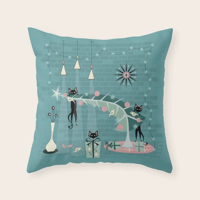 Retro Naughty Kitty Christmas Throw Pillow