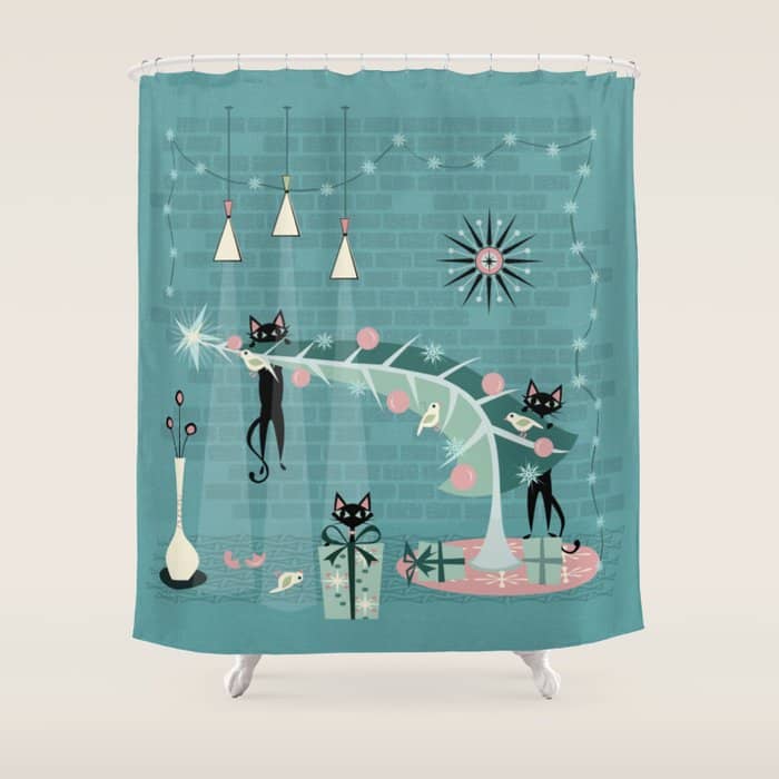 Retro Naughty Kitty Christmas Shower Curtain