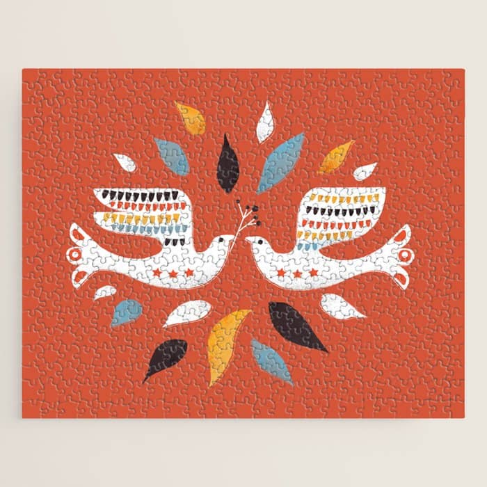 Festive Doves - Folk Illustration Jigsaw Puzzle