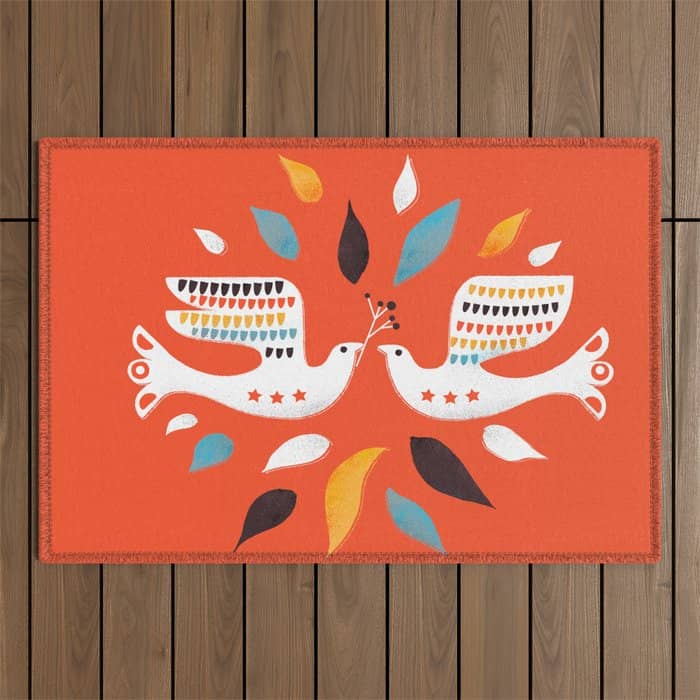 Festive Doves - Folk Illustration Outdoor Rug