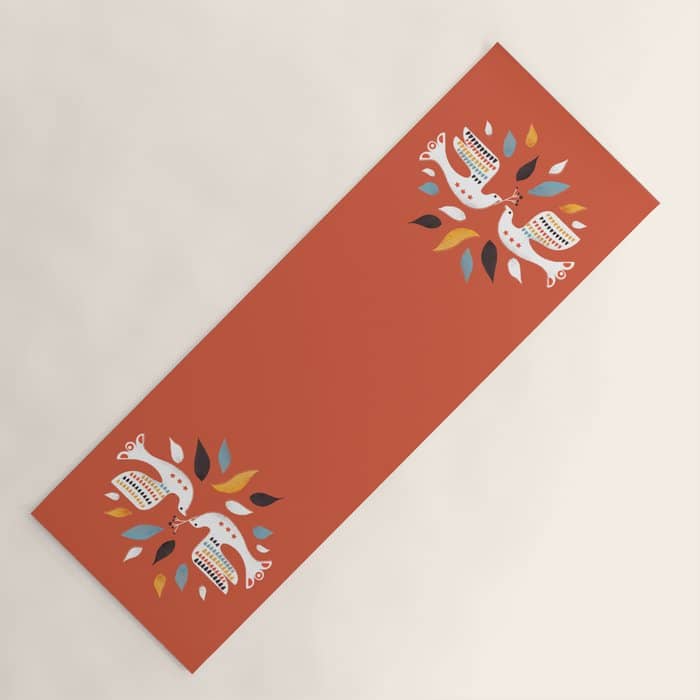 Festive Doves - Folk Illustration Yoga Mat