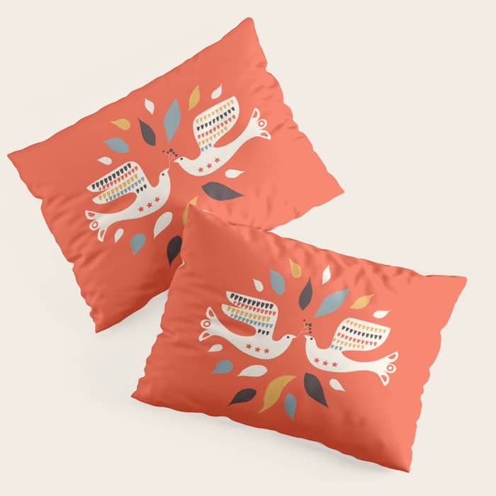 Festive Doves - Folk Illustration Pillow Sham