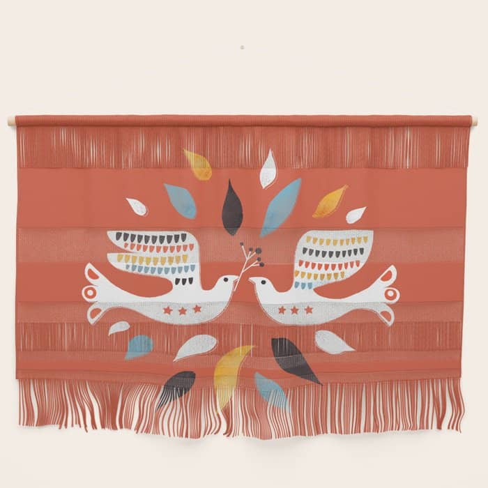 Festive Doves - Folk Illustration Wall Hanging