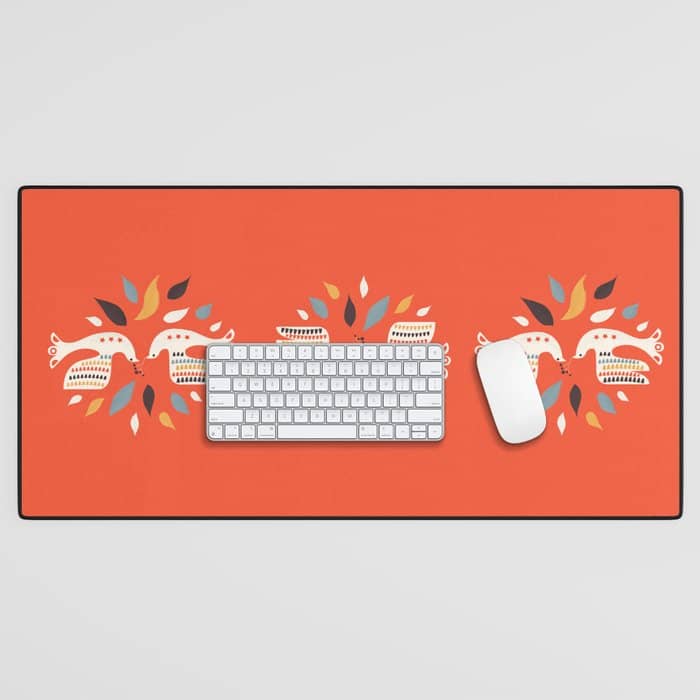 Festive Doves - Folk Illustration Desk Mat