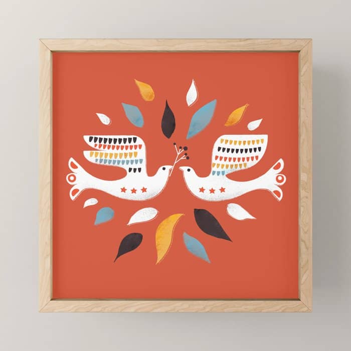 Festive Doves - Folk Illustration Mini Art Print