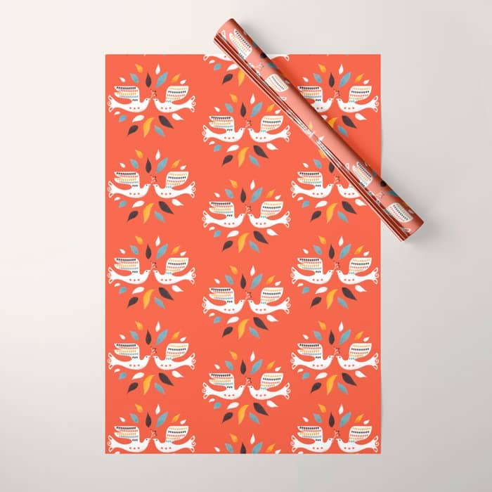 Festive Doves - Folk Illustration Wrapping Paper
