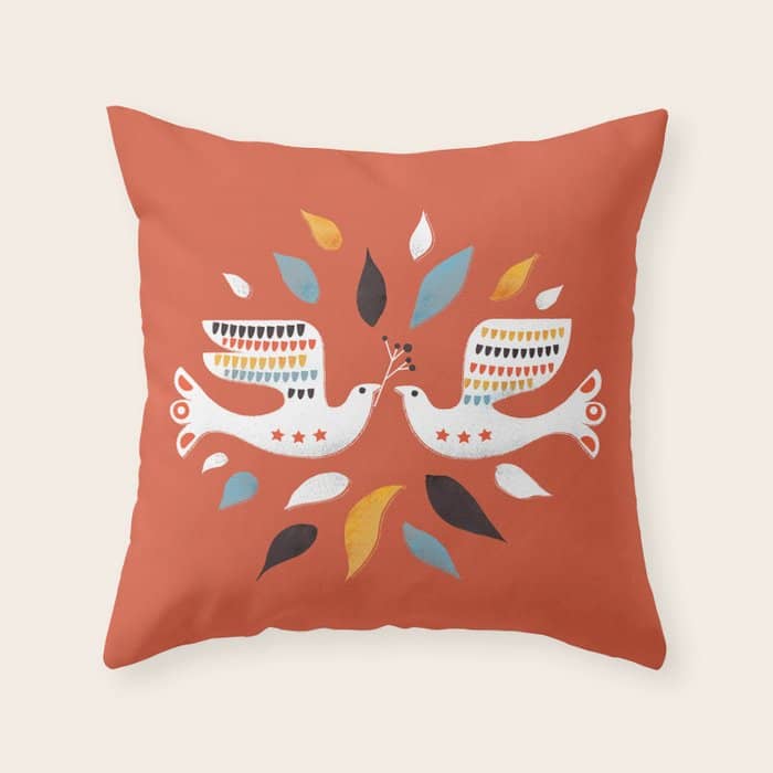 Festive Doves - Folk Illustration Throw Pillow