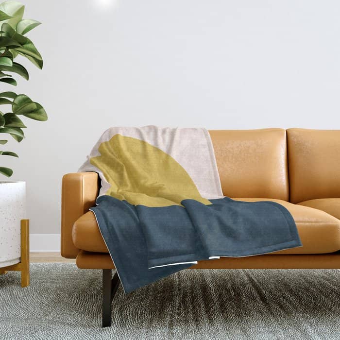 Horizon. Mustard Yellow Sun Dot On Pale Blush Pink And Navy Blue Color Block. Minimalist Geometric Throw Blanket