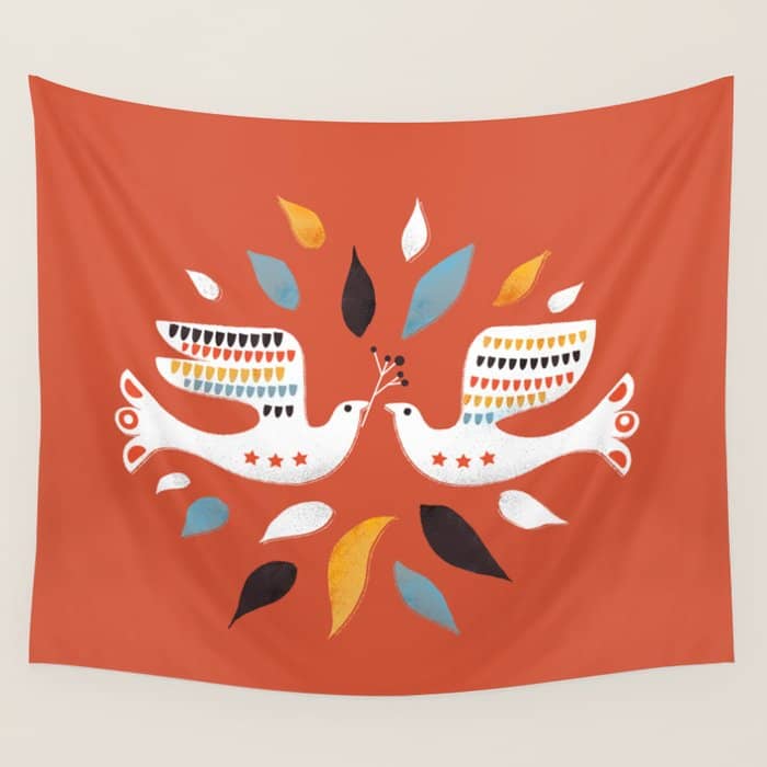 Festive Doves - Folk Illustration Wall Tapestry
