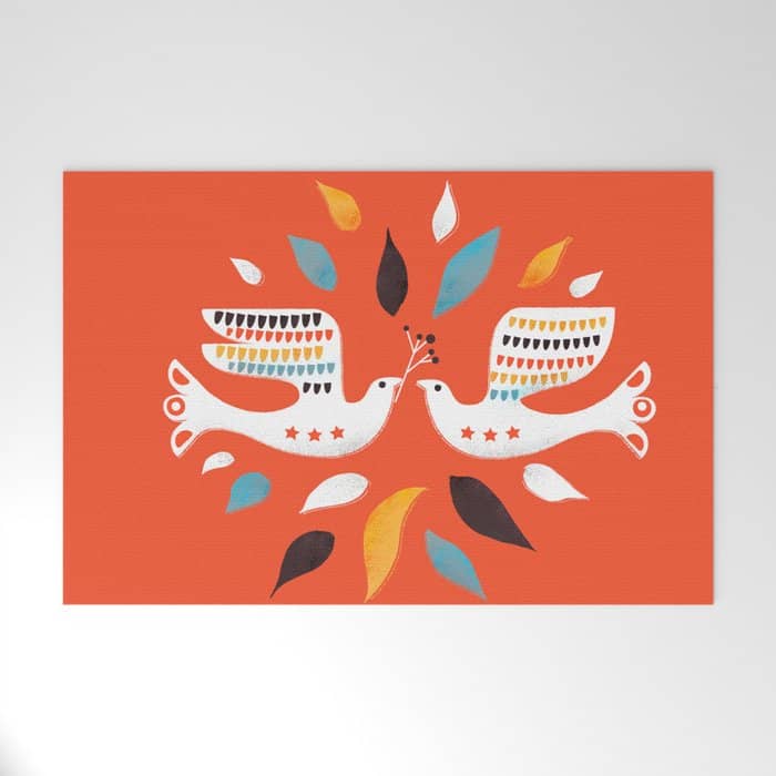 Festive Doves - Folk Illustration Welcome Mat