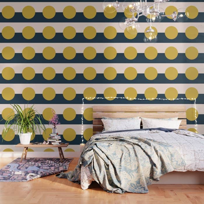 Horizon. Mustard Yellow Sun Dot On Pale Blush Pink And Navy Blue Color Block. Minimalist Geometric Wallpaper