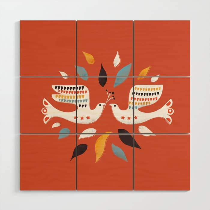 Festive Doves - Folk Illustration Wood Wall Art